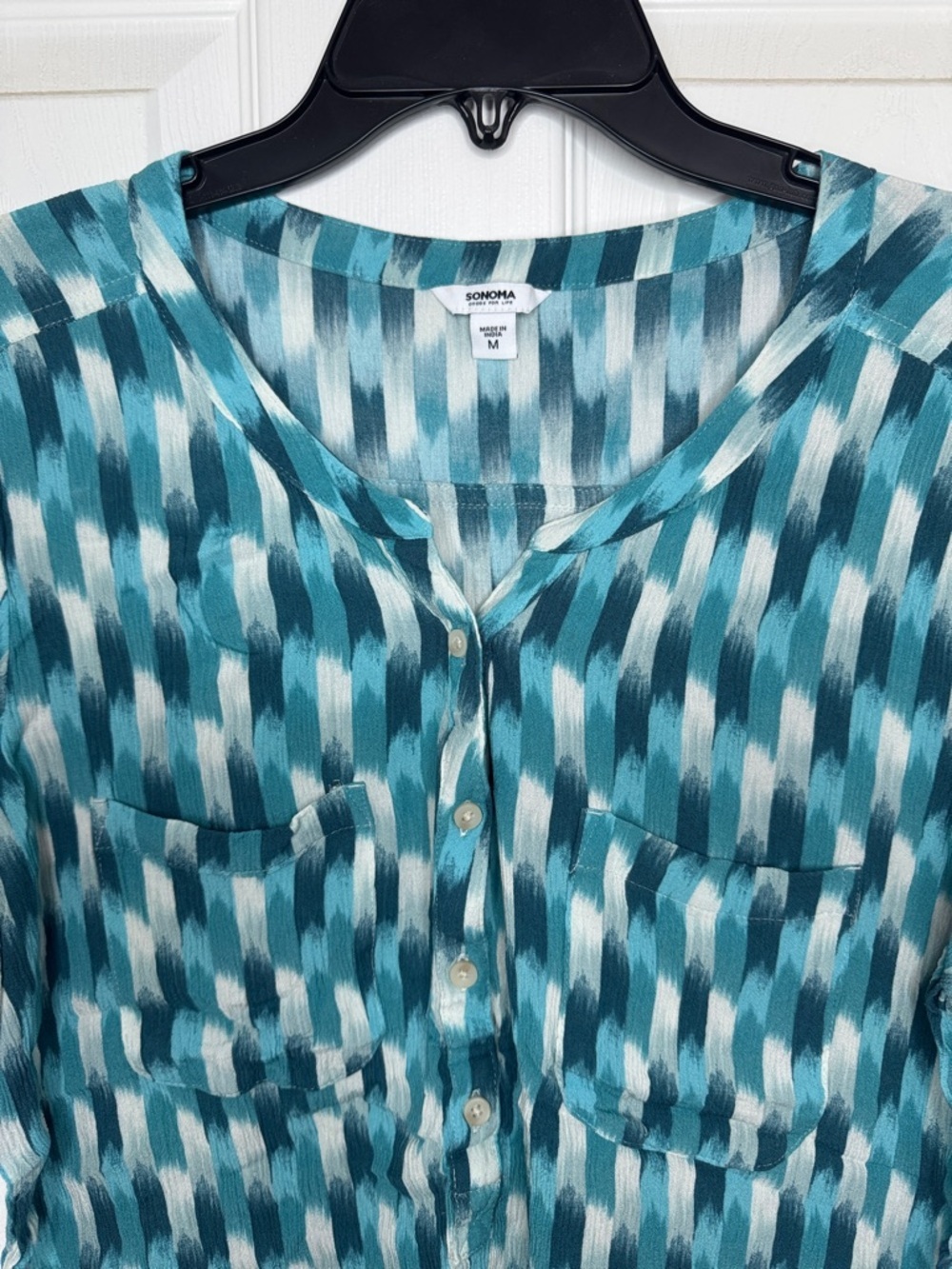 EUC Printed Teal and White Blouse by Sonoma - Picture 2 of 7